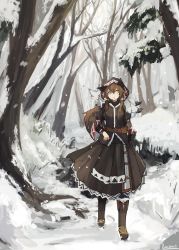 Rule 34 | 1girl, animal ears, artist name, belt, belt pouch, boots, brown hair, brown skirt, coat, forest, fox, fox ears, fox tail, full body, hair between eyes, hand on own hip, hood, hood up, lansane, long hair, long sleeves, multiple tails, nature, open mouth, original, outdoors, pantyhose, pouch, sidelocks, silver fox (animal), skirt, snow, snow boots, snowing, solo, standing, standing on shoulder, tail, tree, tsana (lansane), winter clothes, winter coat, wolf ears, yellow eyes