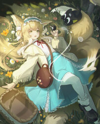 Rule 34 | 1girl, absurdres, animal ear fluff, animal ears, arknights, bag, basket, black cat, black footwear, blonde hair, blue hairband, blue skirt, bobby socks, brown bag, cardigan, cat, chinese commentary, colored tips, commentary, cross-laced clothes, cross-laced skirt, cross-laced slit, crossover, fang, fox ears, fox girl, fox tail, frilled hairband, frills, green eyes, hair ornament, hair scrunchie, hairband, heixiu, highres, kitsune, kyaichiko, kyuubi, long hair, long sleeves, luo xiaohei, luo xiaohei zhanji, lying, mary janes, multicolored hair, multiple tails, neck ribbon, official alternate costume, on back, on grass, open cardigan, open clothes, open mouth, outdoors, puffy long sleeves, puffy sleeves, red ribbon, ribbon, round bag, scrunchie, shirt, shoes, shoulder bag, skirt, socks, suzuran (arknights), suzuran (spring praise) (arknights), tail, two-tone hair, white hair, white shirt, white socks, yellow cardigan