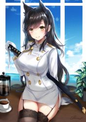 Rule 34 | 1girl, animal ears, arm support, atago (azur lane), azur lane, black hair, black thighhighs, breasts, coffee, coffee cup, coffee press, cokecoco, commentary, cup, disposable cup, garter straps, gloves, hair ribbon, highres, large breasts, long hair, looking at viewer, military, military uniform, miniskirt, mole, mole under eye, naval uniform, pencil skirt, ribbon, signature, sitting, skirt, smile, solo, sword, thighhighs, uniform, weapon, white gloves, yellow eyes, zettai ryouiki