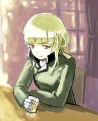 Rule 34 | 1girl, bad id, bad pixiv id, blonde hair, blunt bangs, chair, cup, curtains, drink, gloves, grete m. gollob, long hair, long sleeves, lowres, military, military uniform, orange eyes, shiratama (hockey), sitting, smile, solo, strike witches, table, uniform, white gloves, window, world witches series