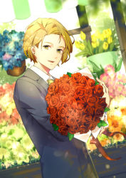 Rule 34 | 1boy, blonde hair, bouquet, charade maniacs, chigasaki mamoru, earrings, flower, formal, hexagonics, holding, holding bouquet, jewelry, lapels, looking at viewer, male focus, notched lapels, red flower, red ribbon, ribbon, smile, solo, standing, stud earrings, suit