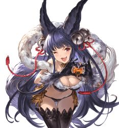 Rule 34 | 1girl, ;d, alpha transparency, animal ears, bare shoulders, bell, black gloves, black hair, black thighhighs, blunt bangs, blush, breasts, candy, chocolate, chocolate heart, erune, fang, food, fox ears, fox tail, fur, fur trim, gloves, granblue fantasy, groin, hair bell, hair ornament, heart, heart hands, jingle bell, large breasts, long hair, looking at viewer, minaba hideo, navel, official art, one eye closed, open mouth, red eyes, revealing clothes, smile, solo, tail, thighhighs, transparent background, valentine, very long hair, yuel (granblue fantasy)