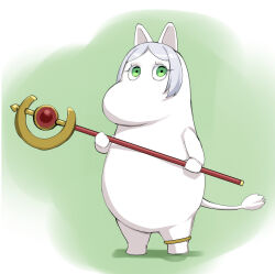 Rule 34 | animal ears, animalization, anklet, frieren, full body, green background, green eyes, grey hair, highres, holding, holding wand, jewelry, looking at viewer, moomin, parody, sidelocks, solo, sousou no frieren, standing, tail, takayaki, wand