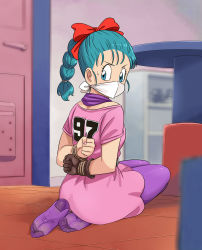 Rule 34 | 1girl, absurdres, arms behind back, ass, bdsm, blue eyes, blue hair, bondage, bound, bound wrists, breasts, bulma, cloth gag, dragon ball, from behind, gag, gagged, highres, improvised gag, lost one zero, medium breasts, over the nose gag, sideboob, submission