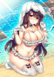 Rule 34 | 1girl, bare arms, bare shoulders, beach, bikini, black bow, blush, bow, breasts, brown hair, caustics, chestnut mouth, choker, cleavage, collarbone, day, frilled bikini, frills, gloves, hair between eyes, hair ornament, hairclip, hands up, highres, kneeling, large breasts, light rays, long hair, looking at viewer, navel, no shoes, nose blush, original, outdoors, parted lips, red eyes, sand, solo, stomach, sunbeam, sunlight, suzunone rena, swimsuit, thighhighs, thighs, veil, very long hair, water, white bikini, white gloves, white thighhighs