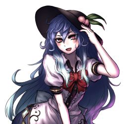 Rule 34 | 1girl, black hat, blouse, blue hair, blue skirt, blush, bow, bowtie, commentary request, food, frilled shirt, frills, fruit, hair between eyes, hand on headwear, hand up, hat, highres, hinanawi tenshi, leaf, leaning forward, long hair, miata (miata8674), open mouth, peach, puffy short sleeves, puffy sleeves, red bow, red bowtie, red eyes, shirt, short sleeves, simple background, skirt, smile, solo, touhou, upper body, very long hair, white background, white shirt, wing collar