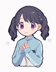 Rule 34 | 1girl, black hair, blue flower, blue jacket, closed mouth, cropped torso, fangs, fangs out, flower, fukumaru koito, hair flower, hair ornament, idolmaster, idolmaster shiny colors, jacket, long sleeves, looking at viewer, nonaprev, purple eyes, simple background, sleeves past wrists, smile, solo, steepled fingers, twintails, upper body, white background