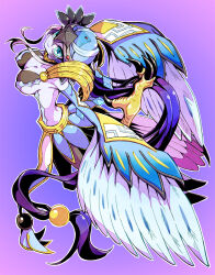 Rule 34 | 1girl, armor, blue eyes, breasts, duel monster, foot up, full body, gradient background, harpy, helmet, highres, large breasts, long hair, lyrilusc - ensemblue robin, monster girl, outstretched arms, purple background, purple hair, shoulder armor, sideboob, skirt, smile, solo, spread arms, very long hair, winged arms, wings, yu-gi-oh!, yukitaka (zzzzz)