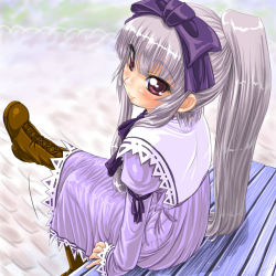 Rule 34 | 1girl, 3.1-tan, bench, blunt bangs, blush, boots, clothes, dd (ijigendd), female focus, os-tan, perspective, ponytail, purple eyes, sitting, solo