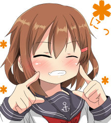 Rule 34 | 10s, 1girl, anchor symbol, brown hair, closed eyes, commentary request, hair between eyes, hair ornament, hairclip, highres, ikazuchi (kancolle), kantai collection, long sleeves, neckerchief, oshiruko (uminekotei), out of frame, red neckerchief, school uniform, serafuku, shiny skin, short hair, smile, solo
