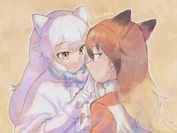 Rule 34 | 2girls, animal ears, arctic fox (kemono friends), blue bow, blue bowtie, blush, bow, bowtie, brown hair, capelet, coat, extra ears, finger to another&#039;s mouth, fox ears, fox girl, fur trim, gloves, hanada (cobalt003), heart, highres, kemono friends, long hair, long sleeves, multicolored hair, multiple girls, orange coat, orange hair, red fox (kemono friends), sidelocks, white bow, white bowtie, white capelet, white coat, white fur, white gloves, white hair, winter clothes, winter coat, yellow eyes
