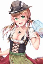 Rule 34 | 10s, 1girl, :d, alternate costume, anchor hair ornament, anchor symbol, apron, bare arms, beer mug, black ribbon, blonde hair, blush, bodice, breasts, center opening, cleavage, collarbone, commentary request, cowboy shot, cross, cross-laced clothes, cup, dirndl, dress, drinking glass, eyebrows, frills, german clothes, green eyes, hair between eyes, hair ornament, hair ribbon, hat, head tilt, highres, holding, holding cup, holding drinking glass, ichikawa feesu, iron cross, jewelry, kantai collection, lace, lace-trimmed skirt, lace trim, long hair, looking at viewer, low twintails, medium breasts, mug, necklace, open mouth, peaked cap, pendant, prinz eugen (kancolle), red skirt, ribbon, short sleeves, simple background, skirt, smile, solo, twintails, underboob, waist apron, white background