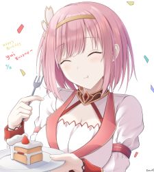 Rule 34 | 1girl, :t, ^ ^, blush, bob cut, breasts, brown hairband, cake, cake slice, character name, cleavage, closed eyes, closed mouth, commentary request, confetti, dated, dress, eating, facing viewer, food, fork, fruit, hairband, happy birthday, head tilt, highres, holding, holding fork, holding plate, juliet sleeves, keenh, long sleeves, medium breasts, pink hair, plate, princess connect!, puffy sleeves, signature, simple background, solo, strawberry, white background, white dress, yui (princess connect!)