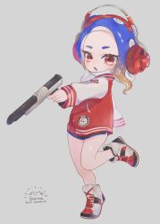 Rule 34 | 1girl, artist logo, artist name, blue hair, blue tongue, cephalopod eyes, colored tongue, commentary, full body, gomamiso (gomagoma bba), gradient hair, grey background, grey footwear, headphones, high tops, highres, holding, holding weapon, jacket, leg up, letterman jacket, long sleeves, looking at viewer, mask, medium hair, mouth mask, multicolored hair, n-zap (splatoon), nintendo, octoling, octoling girl, octoling player character, open mouth, orange hair, pointy ears, red eyes, red jacket, shoes, simple background, sneakers, solo, splatoon (series), splatoon 2, splatoon 2: octo expansion, standing, standing on one leg, suction cups, surgical mask, tentacle hair, weapon