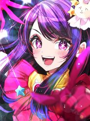 Rule 34 | 1girl, dress, fangs, gloves, hair ornament, highres, hoshino ai (oshi no ko), idol, idol clothes, looking at viewer, misteor, open mouth, oshi no ko, pink dress, pink gloves, pointing, pointing at viewer, purple hair, rabbit hair ornament, revision, solo, star-shaped pupils, star (symbol), star in eye, symbol-shaped eyes, symbol-shaped pupils, symbol in eye, teeth, upper teeth only