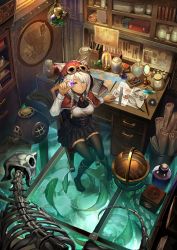 Rule 34 | 1girl, animal, aqua eyes, ascot, bad id, bad pixiv id, basket, black ascot, black skirt, black thighhighs, book, boots, braid, breasts, brooch, candle, capelet, case, chair, closed mouth, container, drawer, fish, flask, from above, gem, globe, goggles, goggles on head, hair over one eye, hand up, helmet, highres, holding, hood, indoors, ink bottle, isaroishin, jar, jewelry, long hair, long sleeves, looking at viewer, map, medium breasts, miniskirt, mirror, octopus, original, paper, quill, rope, ruler, scissors, screwdriver, scroll, set square, shelf, shirt, sitting, skeleton, skirt, smile, solo, table, tape, taut clothes, test tube, test tube rack, thighhighs, twin braids, underbust, water, white hair, white shirt, wing collar, wrench, zettai ryouiki