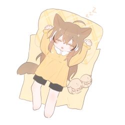 Rule 34 | 1girl, 2others, ahoge, alternate costume, animal ears, bed sheet, black shorts, blush, brown hair, chibi, closed eyes, dress, fang, frilled dress, frills, highres, hololive, hololive english, hootsie (nanashi mumei), lying, multicolored hair, multiple others, nanashi mumei, on back, open mouth, pajamas, pillow, plaid, plaid pillow, shorts, sleeping, streaked hair, tail, virtual youtuber, wolf ears, wolf girl, wolf tail, xx tk9, yellow dress, zzz
