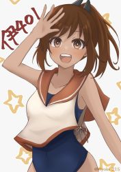 Rule 34 | 1girl, brown eyes, brown hair, highres, i-401 (kancolle), kantai collection, looking at viewer, one-piece swimsuit, open mouth, orange sailor collar, ponytail, ryouki (34388923), sailor collar, school swimsuit, short ponytail, side-tie shirt, solo, star (symbol), starry background, swimsuit, swimsuit under clothes, tan, twitter username, white background