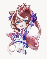 Rule 34 | 1girl, :d, ahoge, animal ears, arm up, ascot, blue eyes, brown hair, buttons, capelet, chibi, collared dress, dress, elicooc, frilled dress, frills, full body, gloves, hair between eyes, hair ribbon, hand on own hip, high ponytail, highres, horse ears, horse girl, horse tail, jumping, long hair, long sleeves, looking at viewer, multicolored hair, open mouth, pink ascot, pink capelet, purple footwear, purple gloves, ribbon, shoes, simple background, smile, socks, solo, streaked hair, tail, tokai teio (umamusume), two-tone hair, umamusume, v, very long hair, white background, white dress, white hair, white socks