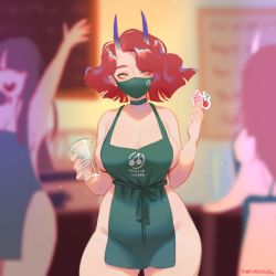Rule 34 | 3girls, apron, barista, blurry, blurry background, breasts, cherry, choker, cleavage, clothes writing, commentary, commentary request, covered mouth, cowboy shot, cup, disposable cup, earrings, english commentary, eyelashes, eyeliner, food, fruit, gradient horns, green apron, groin, hands up, highres, holding, holding cup, horns, iced latte with breast milk (meme), jewelry, large breasts, light particles, light smile, long hair, looking at viewer, makeup, mask, meme, mouth mask, multicolored horns, multiple girls, naked apron, original, purple horns, red hair, sash, short hair, shounen girl, skin-covered horns, solo focus, starbucks, stud earrings, transparent, w arms, wavy hair, yellow eyes