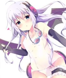 Rule 34 | 1girl, ahoge, bare shoulders, bat wings, black gloves, blue eyes, blush, bunny headphones, chestnut mouth, collarbone, commentary request, cowboy shot, fingerless gloves, frills, gloves, gochuumon wa usagi desu ka?, goggles, goggles around neck, hair between eyes, headphones, heart, kafuu chino, long hair, looking at viewer, mahou shoujo ikusei keikaku, mahou shoujo ikusei keikaku unmarked, minase inori, old school swimsuit, one-piece swimsuit, parted lips, purple hair, school swimsuit, simple background, solo, swim swim, swimsuit, thigh strap, toramachisu na, very long hair, voice actor connection, white background, white one-piece swimsuit, white school swimsuit, wings