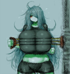 Rule 34 | 1girl, 2b-ge, ahoge, bags under eyes, black shirt, black shorts, blush, breast press, breasts, closed eyes, exercising, facing viewer, female focus, flying sweatdrops, green theme, grey background, hair over one eye, huge breasts, limited palette, long hair, mei (2b-ge), midriff, motion lines, navel, original, shirt, shorts, skindentation, solo, spot color, standing, sweat, trembling, wavy mouth