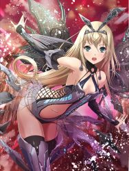 Rule 34 | 1girl, animal ears, armor, black thighhighs, blonde hair, bodysuit, breasts, chaki-yam, cleavage cutout, clothing cutout, cross-laced clothes, cross-laced cutout, fake animal ears, green eyes, halterneck, headband, highres, leotard, light particles, mechanical wings, navel cutout, original, rabbit ears, side cutout, small breasts, thighhighs, wings