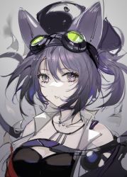 Rule 34 | 1girl, animal ears, arknights, bare shoulders, breasts, cat ears, cleavage, cleavage cutout, clothing cutout, commentary request, goggles, goggles on head, grey background, hair between eyes, highres, jewelry, large breasts, looking at viewer, necklace, off shoulder, one side up, parted lips, purple eyes, purple hair, qianzhu, rockrock (arknights), short hair, solo, upper body