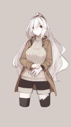 Rule 34 | 1girl, albino, bad id, bad twitter id, black shorts, black thighhighs, blush, breasts, closed mouth, coat, cropped legs, duffel coat, grey background, hair over one eye, highres, light smile, long hair, looking at viewer, medium breasts, mikoto (oi plus), open clothes, open coat, original, ponytail, red eyes, ribbed sweater, shorts, simple background, smile, solo, sweater, thighhighs, turtleneck, turtleneck sweater, white hair