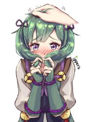Rule 34 | 1girl, blush, fire emblem, fire emblem fates, green hair, hand on another&#039;s head, headpat, ippers, midori (fire emblem), nintendo, purple eyes, simple background, solo, solo focus, twintails, upper body, white background