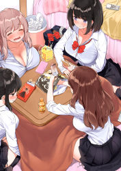 Rule 34 | 4girls, bed, black skirt, blue eyes, blush, bow, brand name imitation, breasts, brown hair, chips (food), cleavage, closed eyes, collarbone, commentary request, food, holding, huge breasts, indoors, kaisen chuui, long hair, multiple girls, original, panties, paper, phone, red bow, school uniform, shirt, short hair, side-tie panties, side-tie peek, sitting, skirt, underwear, white shirt