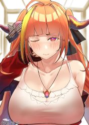 Rule 34 | 1girl, ahoge, bare shoulders, black ribbon, blonde hair, blunt bangs, blush, bow, breasts, bright pupils, camisole, cleavage, cleavage cutout, closed mouth, clothing cutout, collarbone, commentary, dated, diagonal-striped bow, dragon girl, dragon horns, english commentary, fangs, frilled camisole, frills, genm7, hair intakes, hair ribbon, hand on own cheek, hand on own face, hand up, highres, hololive, horn bow, horn ornament, horns, jacket, jewelry, kiryu coco, kiryu coco (loungewear), large breasts, light smile, long hair, long sleeves, looking at viewer, multicolored eyes, multicolored hair, off shoulder, official alternate costume, one eye closed, open clothes, open jacket, orange hair, pendant, purple eyes, red eyes, red jacket, ribbon, sidelocks, skin fangs, sleeves past wrists, solo, spaghetti strap, streaked hair, striped, striped bow, track jacket, twintails, upper body, virtual youtuber, white camisole, white pupils