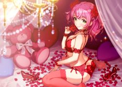 Rule 34 | 1girl, arm garter, ass, bare shoulders, bed sheet, blurry, bow, bra, breasts, chandelier, choker, cleavage, commentary request, curtains, depth of field, flower, garter belt, green eyes, heart, heart-shaped pillow, highres, holding, large breasts, long hair, looking at viewer, morikura en, nail polish, no shoes, on bed, original, panties, petals, pillow, pink hair, pink theme, pink thighhighs, red bow, red bra, red flower, red nails, red panties, ribbon choker, rose, scrunchie, sitting, smile, solo, stuffed animal, stuffed toy, teddy bear, thighhighs, underwear, underwear only, wariza, wrist scrunchie