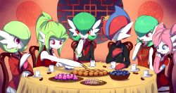 Rule 34 | 5girls, alternate color, alternate hair color, alternate hair length, alternate hairstyle, alternate shiny pokemon, berry (pokemon), blue eyes, breasts, chair, chinese clothes, chopsticks, closed mouth, commentary, creature, creatures (company), crown, cup, dress, eating, english commentary, closed eyes, food, fruit, gallade, game freak, gardevoir, gen 3 pokemon, gen 4 pokemon, green hair, grin, happy, highres, holding, holding chopsticks, indoors, junjie-oyan, medium breasts, multiple girls, nintendo, orange eyes, pecha berry, pink eyes, pink hair, plate, pokemon, pokemon (creature), red dress, red hair, sidelocks, sitting, small breasts, smile, table, tablecloth, twintails