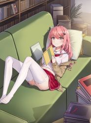 Rule 34 | 1girl, ahoge, aliceblue, blush, book, bookshelf, breasts, cardigan, closed mouth, couch, garter straps, green cardigan, hair ornament, hairclip, has bad revision, has downscaled revision, highres, holding, holding book, knees up, long hair, looking at viewer, lying, md5 mismatch, navel, on back, open cardigan, open clothes, original, panties, pantyshot, pink hair, red skirt, resolution mismatch, sailor collar, shirt, short eyebrows, sidelocks, skirt, solo, source smaller, sweatdrop, thighhighs, thighs, underwear, uniform, white panties, white shirt, white thighhighs