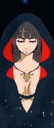 Rule 34 | 1girl, black eyes, black hair, blending, breasts, center opening, cloak, closed mouth, collarbone, eyelashes, fundoshiko, highres, hood, hood up, hooded cloak, jewelry, large breasts, long hair, necklace, protagonist 2 (housamo), red pupils, solo, tokyo houkago summoners