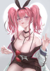 Rule 34 | 1girl, absurdres, armpit crease, azur lane, bare shoulders, between breasts, black choker, black ribbon, black sweater, blush, bra strap, breasts, bremerton (azur lane), bremerton (day-off date) (azur lane), choker, cleavage, collarbone, commentary, cowboy shot, dress, eyewear hang, unworn eyewear, grey hair, hair between eyes, hair intakes, hair ornament, hair ribbon, hands up, highres, jacket, large breasts, long hair, long sleeves, looking at viewer, mole, mole on breast, multicolored hair, nikumocchi, off-shoulder dress, off shoulder, official alternate costume, open clothes, pink eyes, pink hair, red-tinted eyewear, ribbon, sidelocks, signature, simple background, solo, star (symbol), star print, strap between breasts, streaked hair, sweater, sweater dress, tinted eyewear, tongue, tongue out, twintails, two-tone hair, white background, white jacket