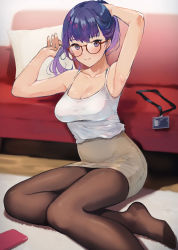 Rule 34 | 1girl, adjusting hair, armpits, arms up, bare shoulders, black pantyhose, blush, breasts, camisole, cleavage, commentary request, couch, doushimasho, feet, glasses, highres, lanyard, long hair, looking at viewer, medium breasts, mole, mole on armpit, no shoes, office lady, original, pantyhose, pencil skirt, purple eyes, purple hair, red-framed eyewear, sitting, skirt, solo, yokozuwari