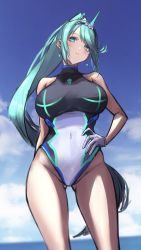 Rule 34 | 1girl, absurdres, bare shoulders, breasts, competition swimsuit, earrings, gloves, gluteal fold, green eyes, green hair, hair ornament, hakusai (hksicabb), halterneck, hand on own hip, highres, jewelry, large breasts, looking at viewer, navel, one-piece swimsuit, outdoors, pneuma (xenoblade), ponytail, skindentation, solo, standing, swimsuit, thighs, white gloves, xenoblade chronicles (series), xenoblade chronicles 2