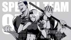 1girl 2boys abs bandana billy_kane blue_mary breasts claw_pose english_text fangs fatal_fury fingerless_gloves gloves height_difference highres large_breasts looking_at_viewer midriff monochrome multiple_boys muscular muscular_male navel shirt short_hair smile snk teeth the_king_of_fighters toned tongue tongue_out weapon yamazaki_ryuuji