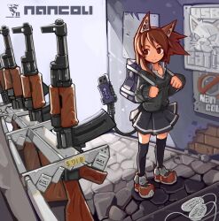 Rule 34 | 1girl, ak-47, animal ears, armory, artist name, assault rifle, backpack, bag, black thighhighs, brown eyes, brown hair, cobblestone, commentary request, dog tags, duffel bag, fake animal ears, gun, gun rack, highres, kalashnikov rifle, nancou (nankou), original, pleated skirt, poster (object), price, price tag, rifle, ringed eyes, shoes, shop, skirt, sneakers, solo, tail, thighhighs, usb, weapon, weapon shop, zettai ryouiki