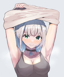 Rule 34 | 1girl, 3walktoriatama, absurdres, armpits, arms up, black tank top, blush, braid, breasts, cleavage, green eyes, highres, hololive, hot, jewelry, medium breasts, necklace, shirogane noel, silver hair, simple background, smile, snowflake choker, steam, steaming body, sweat, tank top, undershirt, undressing, virtual youtuber