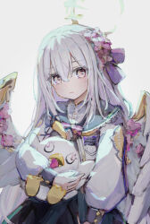 Rule 34 | 1girl, azusa (blue archive), black skirt, blue archive, closed mouth, commentary request, feathered wings, flower, hair between eyes, hair flower, hair ornament, halo, highres, long hair, long sleeves, looking at viewer, hugging object, peroro (blue archive), purple eyes, sateto (user knrf2332), shirt, simple background, skirt, solo, stuffed animal, stuffed toy, upper body, very long hair, white background, white hair, white shirt, white wings, wings