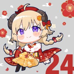 Rule 34 | 1girl, absurdres, animal ears, beret, black footwear, blonde hair, blush stickers, boots, braid, chibi, closed mouth, commentary request, cross-laced footwear, floral print, floral print kimono, fur scarf, grey background, hakama, hakama skirt, hat, highres, hiruno isu, hololive, horns, japanese clothes, kimono, lace-up boots, long hair, looking at viewer, obi, official alternate costume, official alternate hairstyle, orange hakama, orange skirt, print kimono, purple eyes, red hat, red kimono, sash, sheep ears, sheep girl, sheep horns, skirt, smile, solo, tsunomaki watame, tsunomaki watame (new year), twin braids, twintails, virtual youtuber