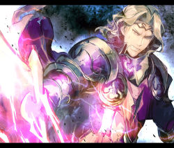 Rule 34 | 1boy, armor, bad id, bad pixiv id, black armor, blonde hair, circlet, curly hair, fire emblem, fire emblem fates, gradient background, hair ornament, holding, holding sword, holding weapon, letterboxed, male focus, nanosuke, nintendo, serious, solo, sword, weapon, xander (fire emblem)