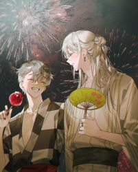 Rule 34 | 2boys, antenna hair, bishounen, black hair, candy apple, closed eyes, commentary request, earrings, festival, fireworks, food, hair bun, hair ornament, half updo, hand fan, hand up, highres, holding, holding fan, idolish7, japanese clothes, jewelry, korean commentary, long hair, male focus, mole, mole under eye, momo (idolish7), multicolored hair, multiple boys, night, original, outdoors, paper fan, profile, red nails, ring, short hair, single hair bun, smile, summer festival, two-tone hair, uchiwa, upper body, white hair, x hair ornament, yanu 0000, yuki (idolish7)