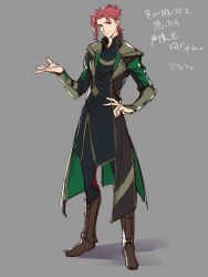 Rule 34 | 1boy, brown eyes, brown footwear, closed mouth, coat, cosplay, full body, green coat, grey background, hand on own hip, hand up, hirakawa daisuke, jojo no kimyou na bouken, kakyoin noriaki, kotatsu (g-rough), loki (marvel), loki (marvel) (cosplay), looking at viewer, male focus, marvel, red hair, simple background, smile, solo, translation request, voice actor connection