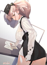 Rule 34 | 1girl, ass, atlanta (kancolle), back, black hat, black skirt, blush, breasts, brown hair, dress shirt, earrings, fuwafuwatoufu, garrison cap, gloves, grey eyes, hat, highres, jewelry, kantai collection, large breasts, long hair, long sleeves, partially fingerless gloves, shirt, single earring, skirt, skirt tug, solo, star (symbol), star earrings, suspender skirt, suspenders, two side up, white shirt