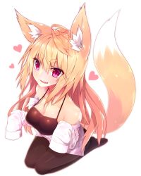Rule 34 | 1girl, absurdres, animal ears, bad id, bad pixiv id, bare shoulders, blonde hair, fox ears, fox tail, heart, highres, long hair, off shoulder, open clothes, open shirt, original, pantyhose, red eyes, shirt, solo, sukemyon, tail