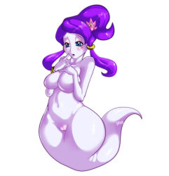 Rule 34 | 1girl, blue eyes, blush, bracelet, breasts, curvy, finger to mouth, flower, ghost, ghost tail, hair flower, hair ornament, heart, jewelry, large breasts, long hair, monster girl, nude, pointing, purple hair, pussy, raa (sonic), solo, sonic (series), twintails, uncensored, wide hips